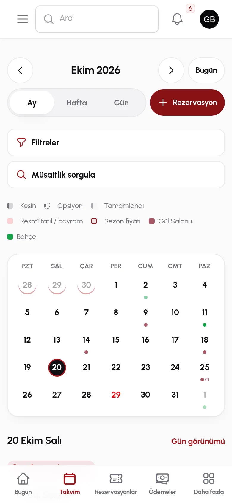 Salon rezervasyon takvimi: salon salon dolu ve boş günler, opsiyonlar