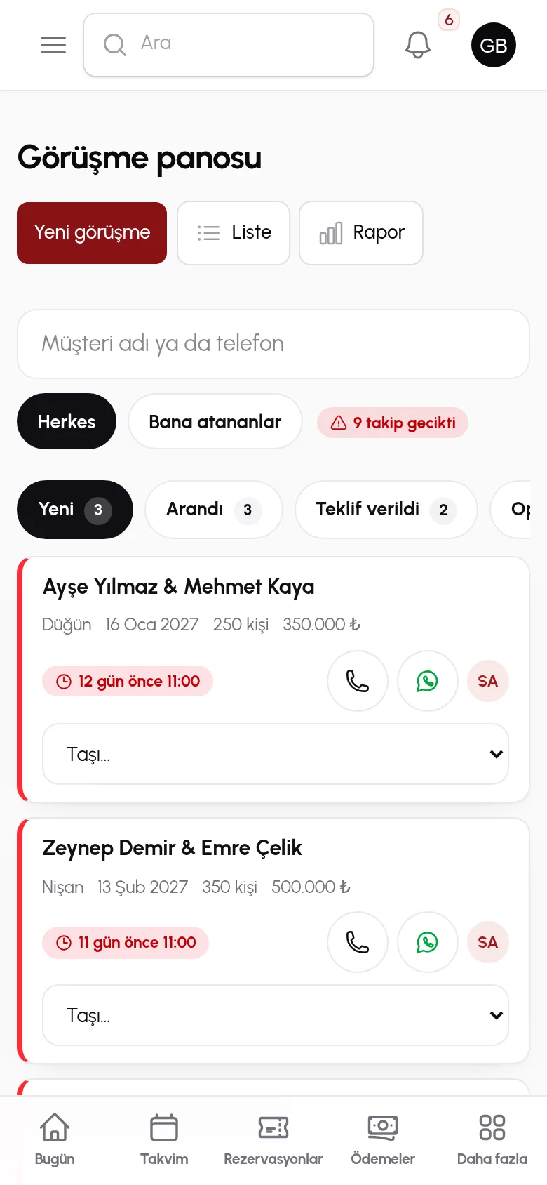 Görüşmeler ekranı: düğün salonu için gelen talepler ve teklifler
