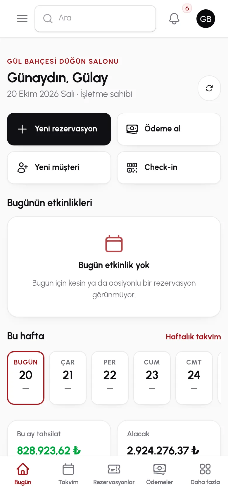 leva düğün salonu programının Bugün ekranı: günün düğünleri, tahsilat ve geciken taksitler
